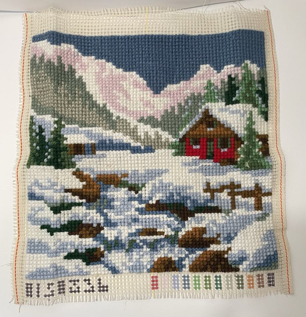 Vintage Finished Needlepoint Canvas Winter Snow Cabin Mountain Landscape 15.5”